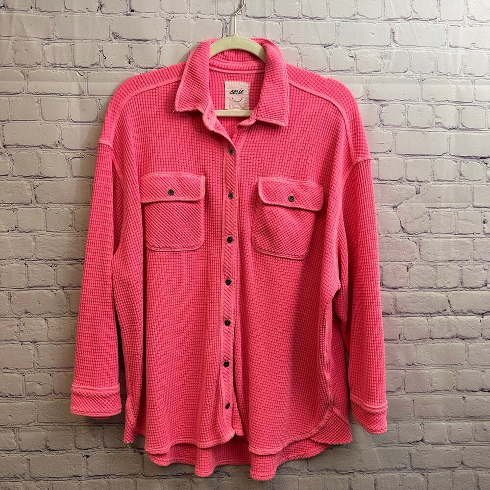 Aerie Lumber Jane Waffle Knit Neon Pink Button Down Long Sleeve Small Oversized